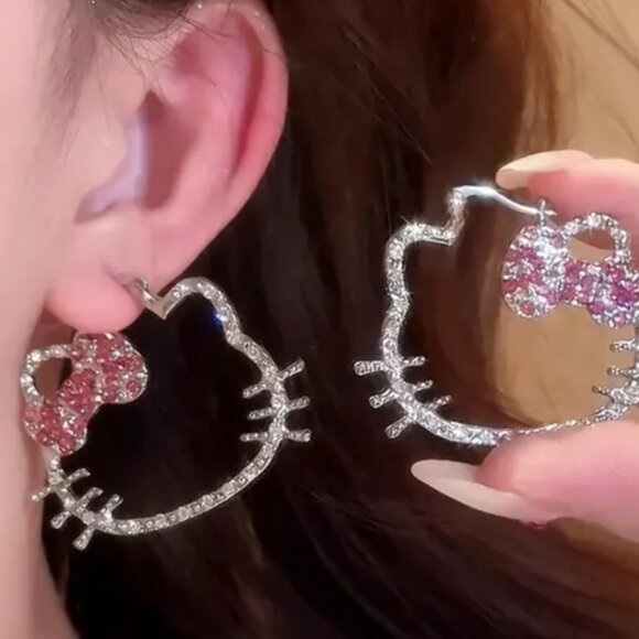 Hello Kitty Open Face Rhinestone Hoop Earrings - Picture 3 of 4